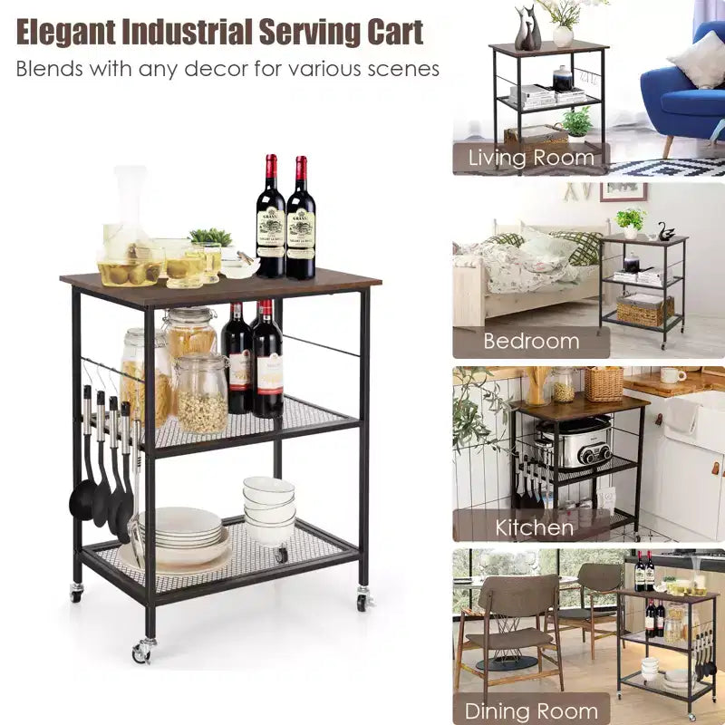 Steel 3-Tier Kitchen Utility Cart with Wheels 30"