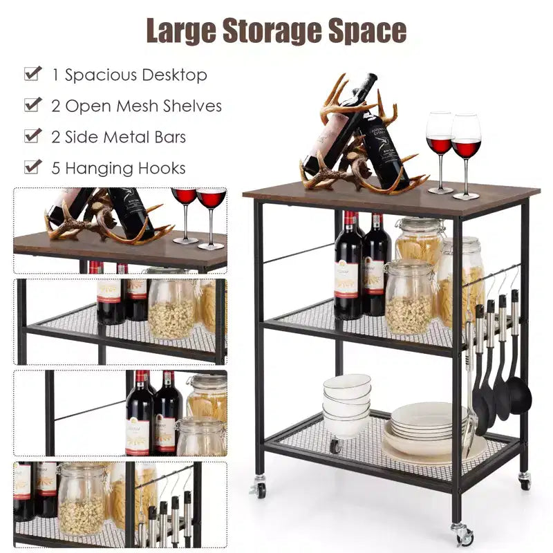 Steel 3-Tier Kitchen Utility Cart with Wheels 30"