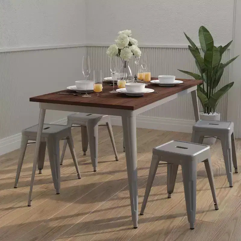 Galvanized Steel and Walnut Wood Rectangular Dining Table 60"