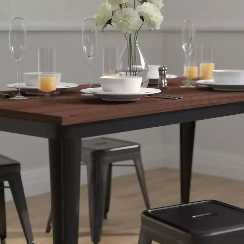 Galvanized Steel and Walnut Wood Rectangular Dining Table 60"