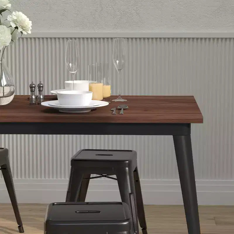 Galvanized Steel and Walnut Wood Rectangular Dining Table 60"