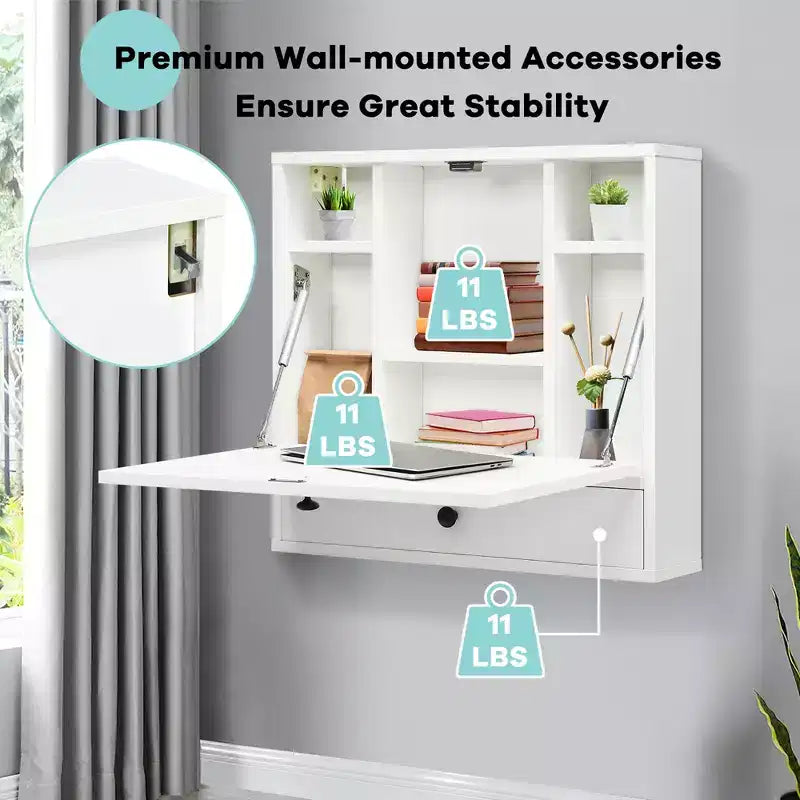 Wood and Metal Wall-Mount Foldable Floating Desk 24"