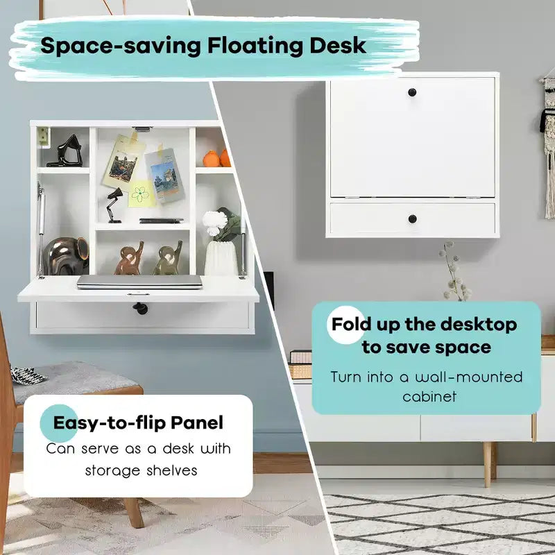 Wood and Metal Wall-Mount Foldable Floating Desk 24"