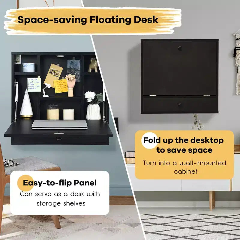 Wood and Metal Wall-Mount Foldable Floating Desk 24"