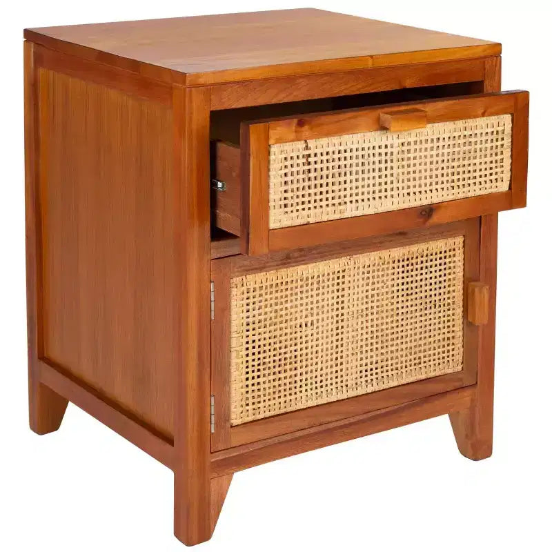 Mindi Wood and Rattan Nightstand with Drawer and Door 14"
