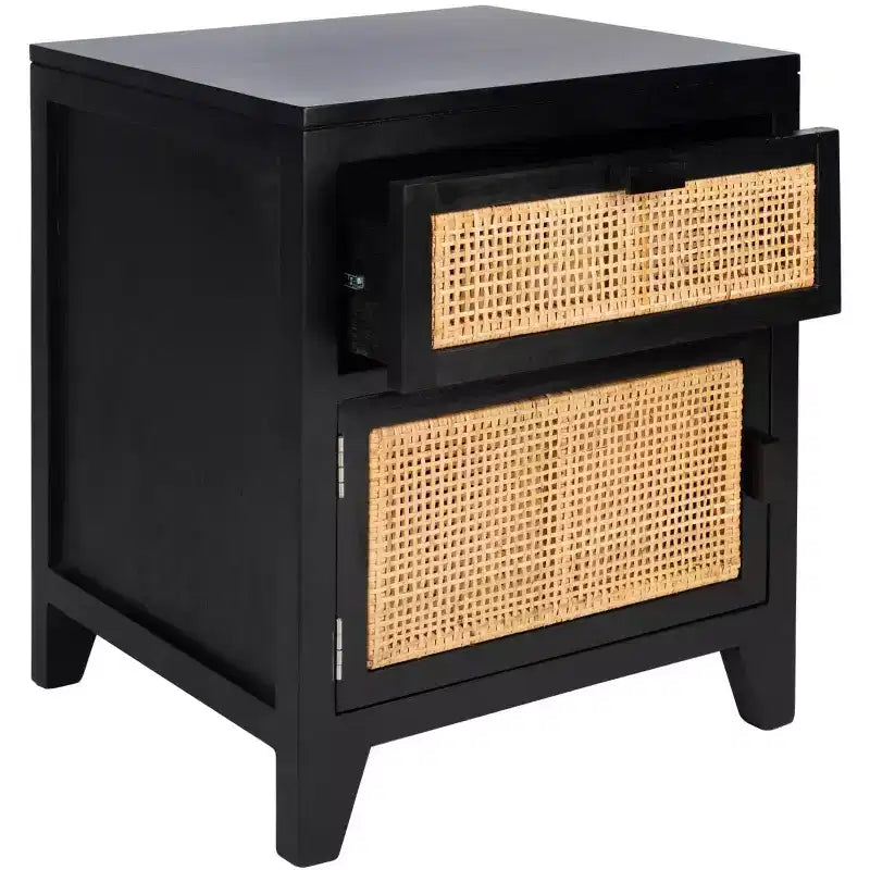 Mindi Wood and Rattan Nightstand with Drawer and Door 14"