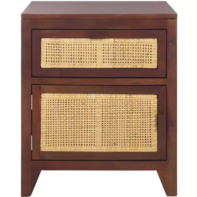 Mindi Wood and Rattan Nightstand with Drawer and Door 14"