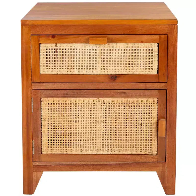 Mindi Wood and Rattan Nightstand with Drawer and Door 14"