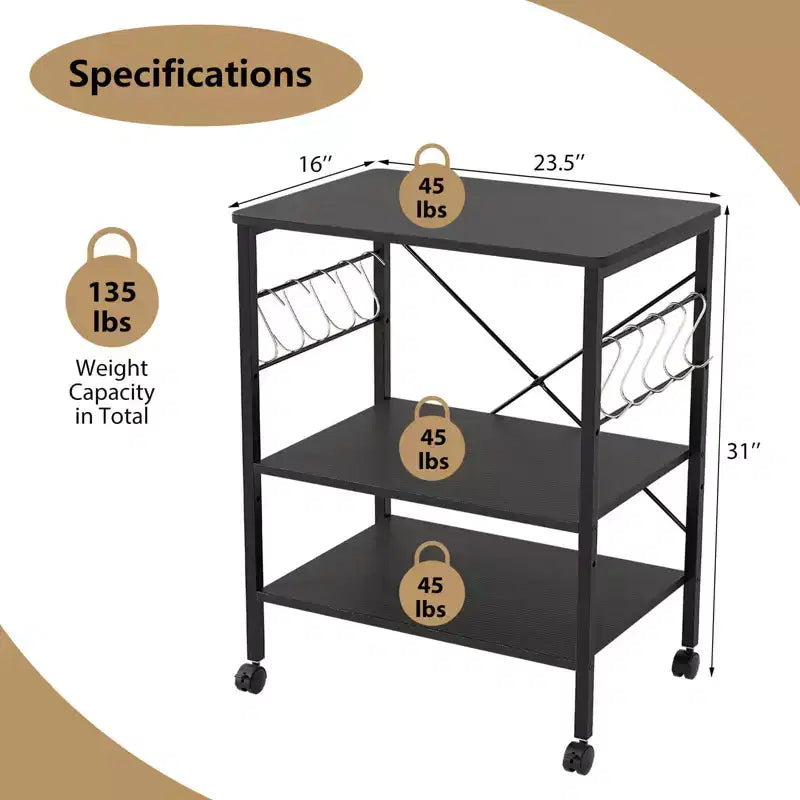 Steel 3-Tier Kitchen Baker's Rack with Hanging Hook 36"