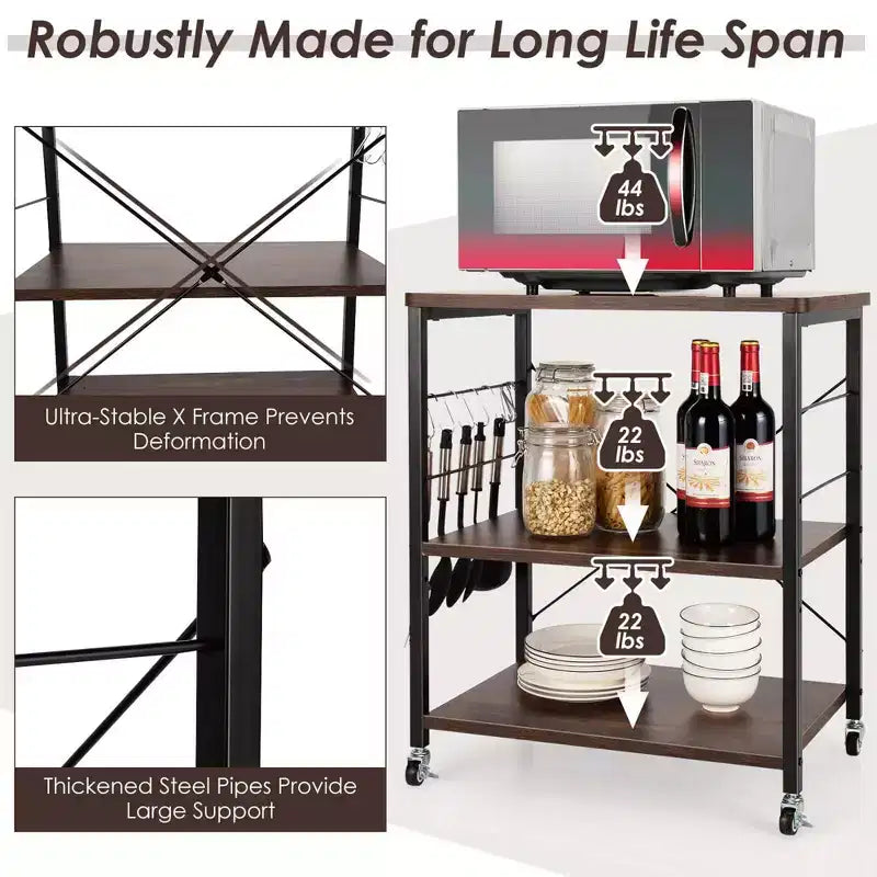 Steel 3-Tier Kitchen Baker's Rack with Hanging Hook 36"