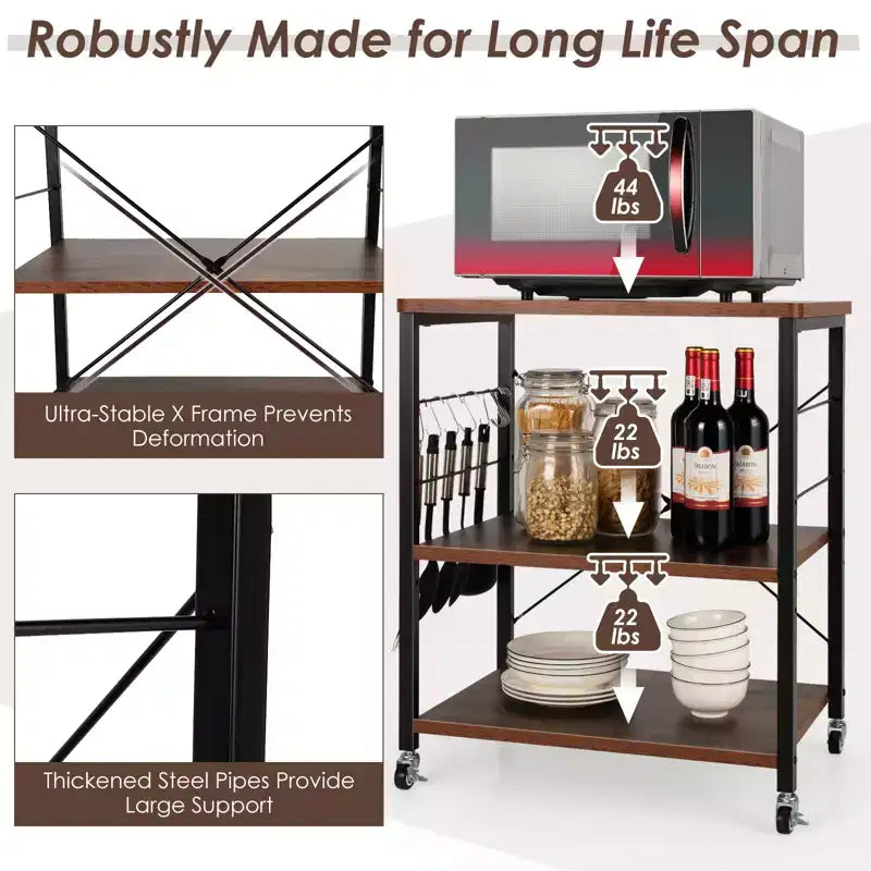 Steel 3-Tier Kitchen Baker's Rack with Hanging Hook 36"