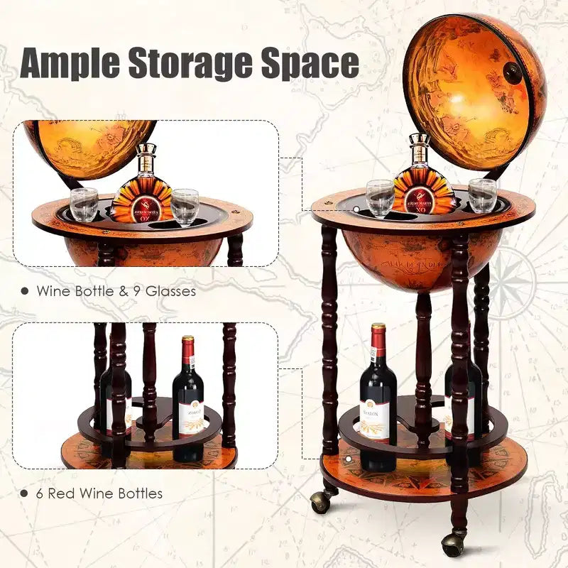 Wood Globe Wine Rack Stand 17.5"